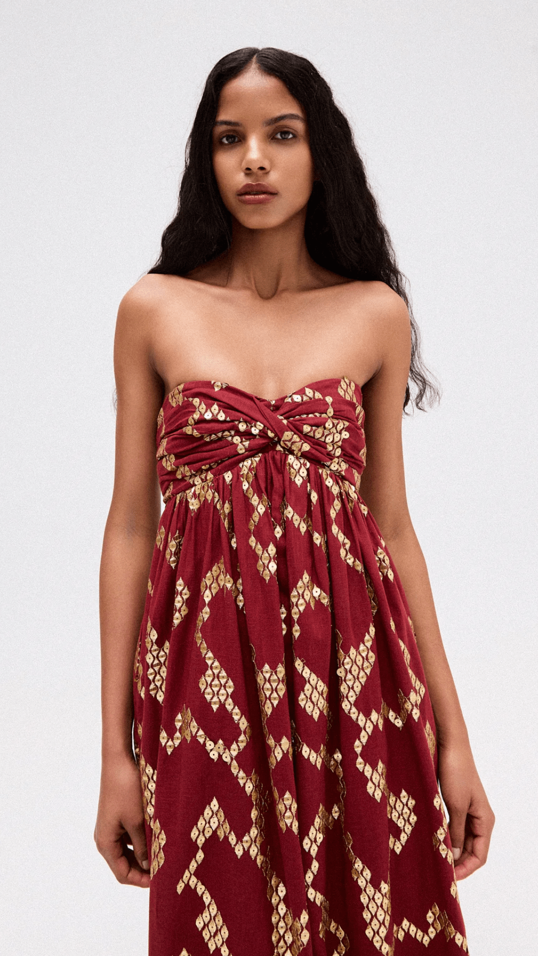 Vestido Longo Jacquard Dourado e Vermelho