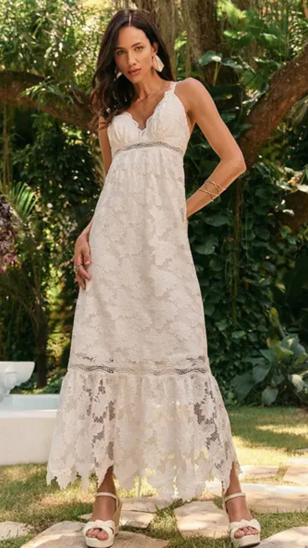 Vestido Midi Renda Floral Off White