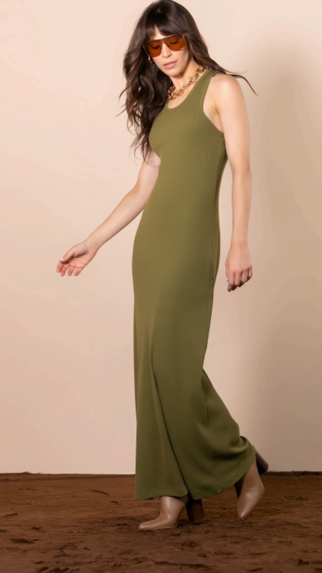 Vestido Longo Decote Nadador em Malha Verde