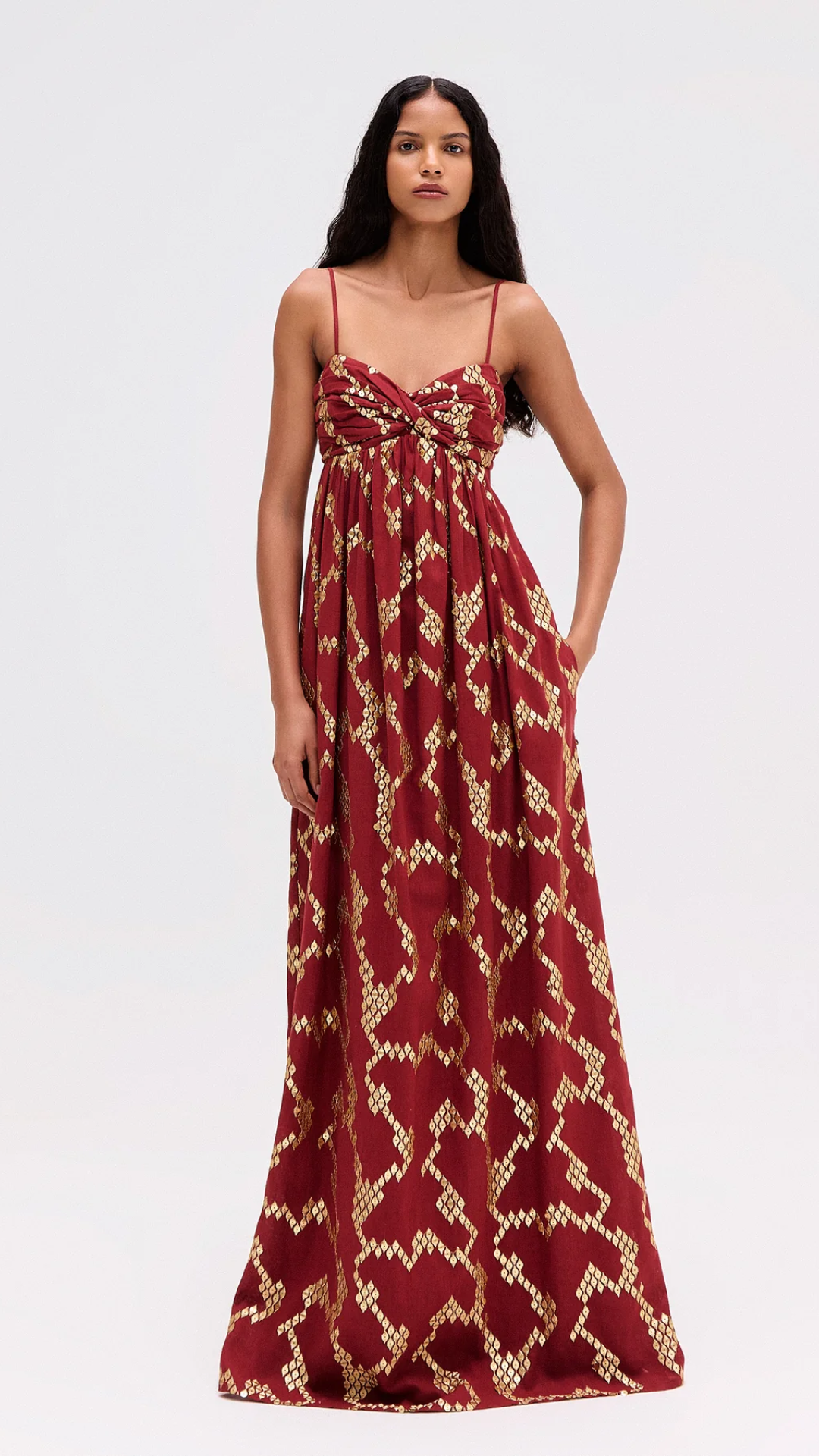 Vestido Longo Jacquard Dourado e Vermelho