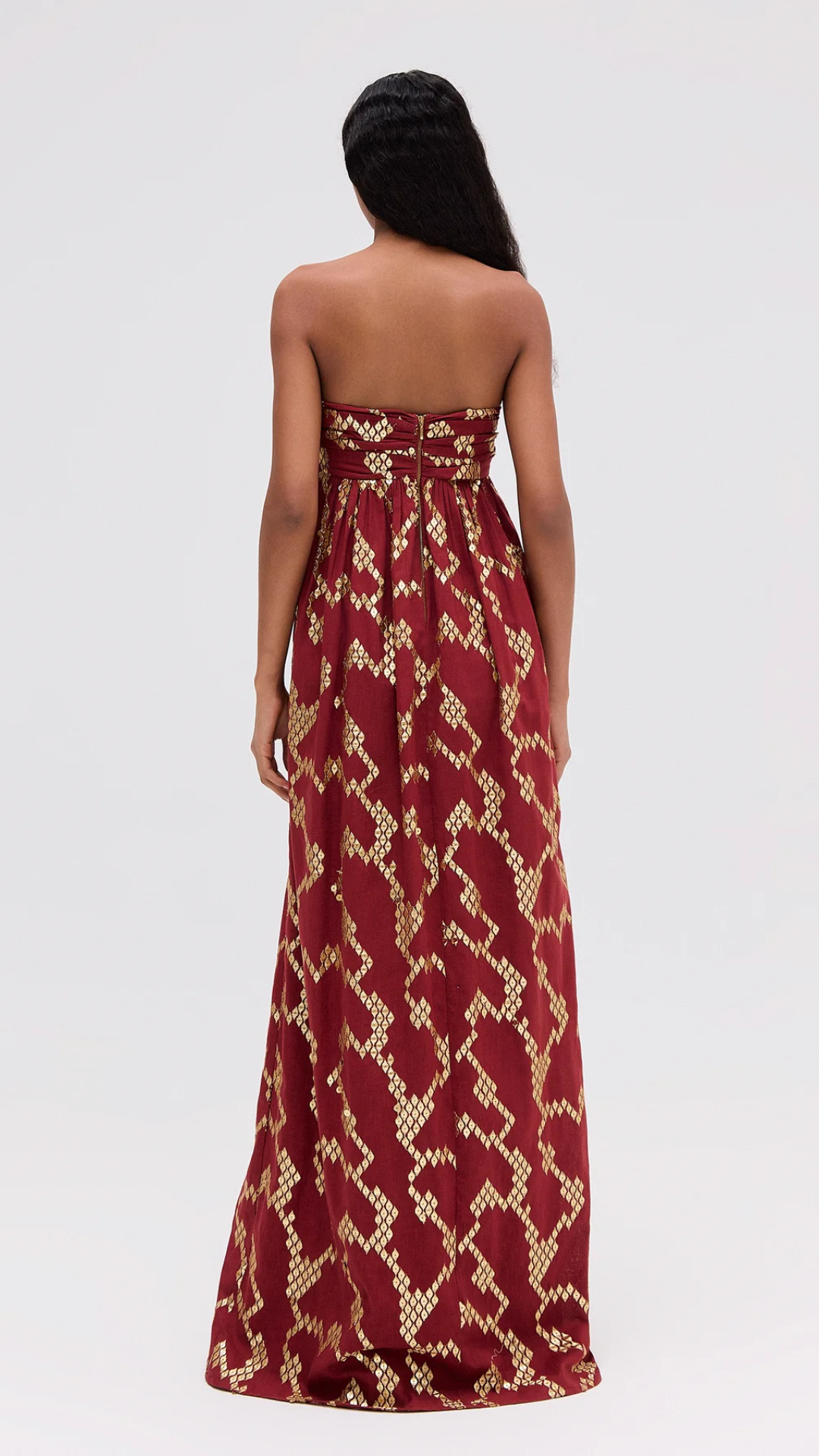 Vestido Longo Jacquard Dourado e Vermelho